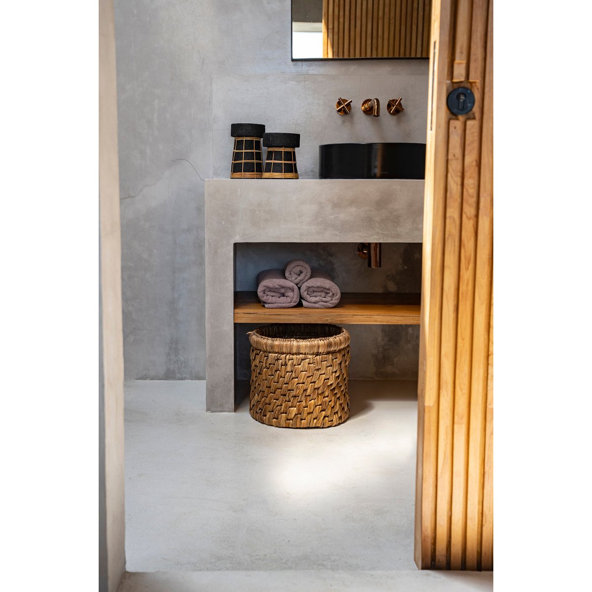 Bougeoir en terre cuite et rotin SERENE noir beige, BAZAR BIZAR
