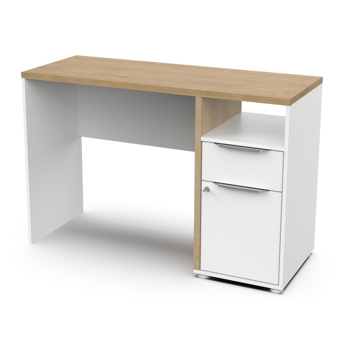 Bureau 1 porte, 1 tiroir et 1 niche décor chêne et blanc mat H77,4 cm - ACCESS bois clair, CALICOSY