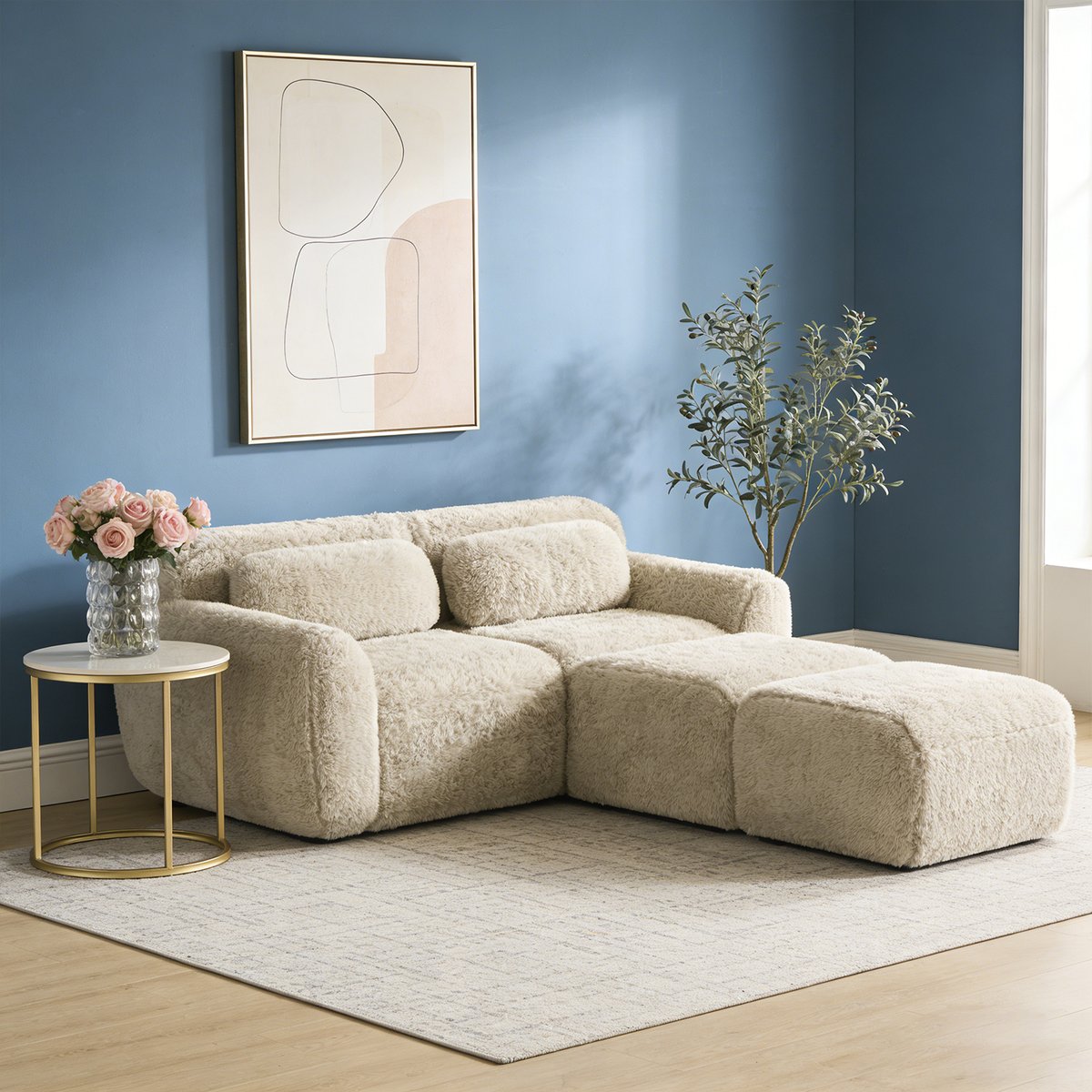 Canapé d'angle réversible 2 places avec 2 poufs, WIND kaki, MEUBLES COSY