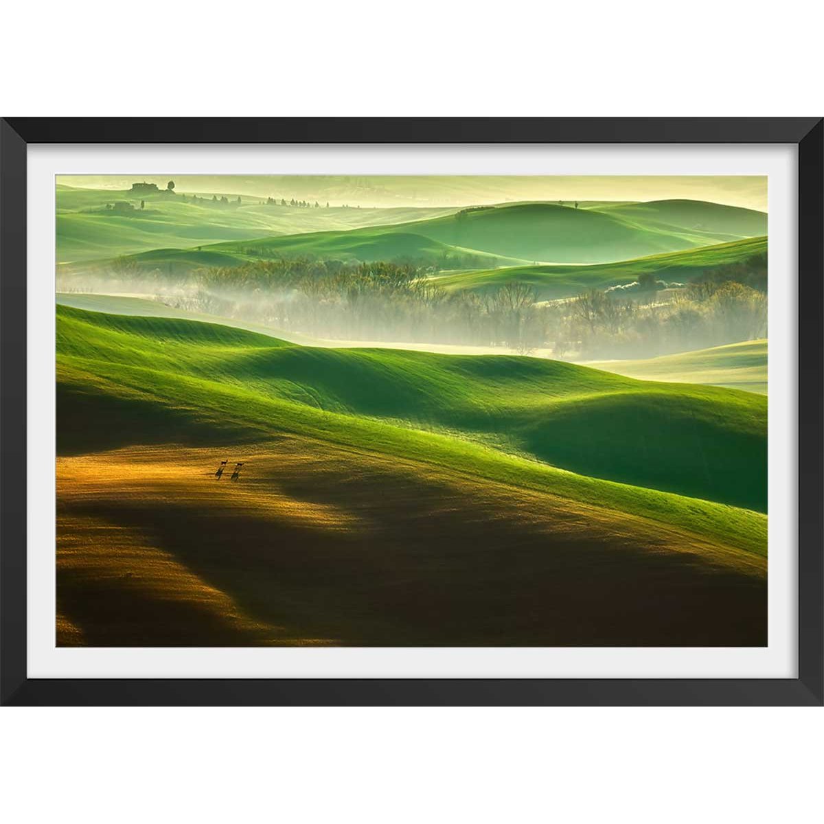 Affiche nature collines brumeuses affiche + cadre en bois - noir, HEXOA