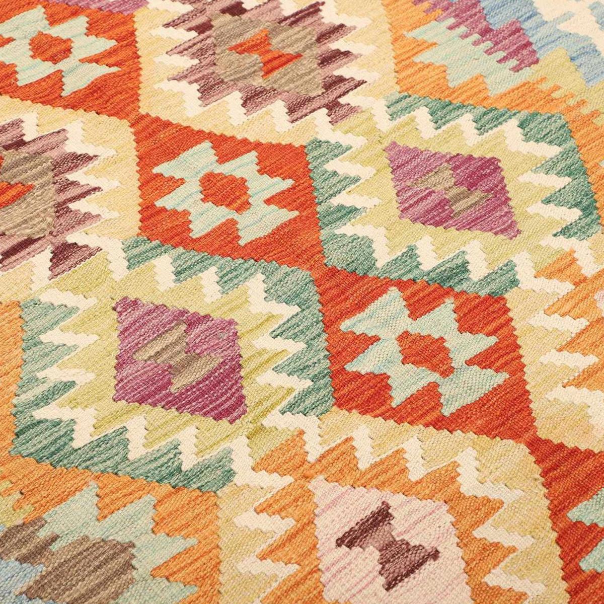 Tapis kilim ethnique, tissé plat en laine naturelle, KILIM 25 multicolore, bleu, orange, UN AMOUR DE TAPIS