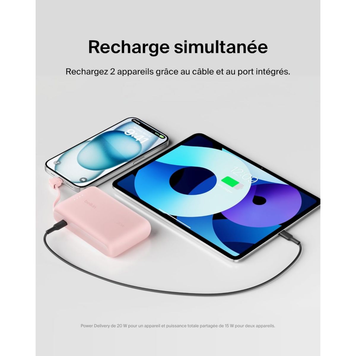 Batterie externe 10000 mAh avec cable USB-C intégre pink couleur unique, BELKIN