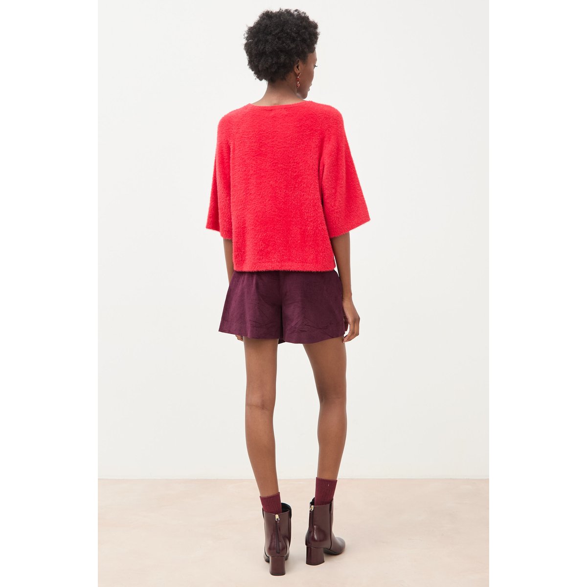 Pull droit manches 3/4 col rond rouge, BONOBO
