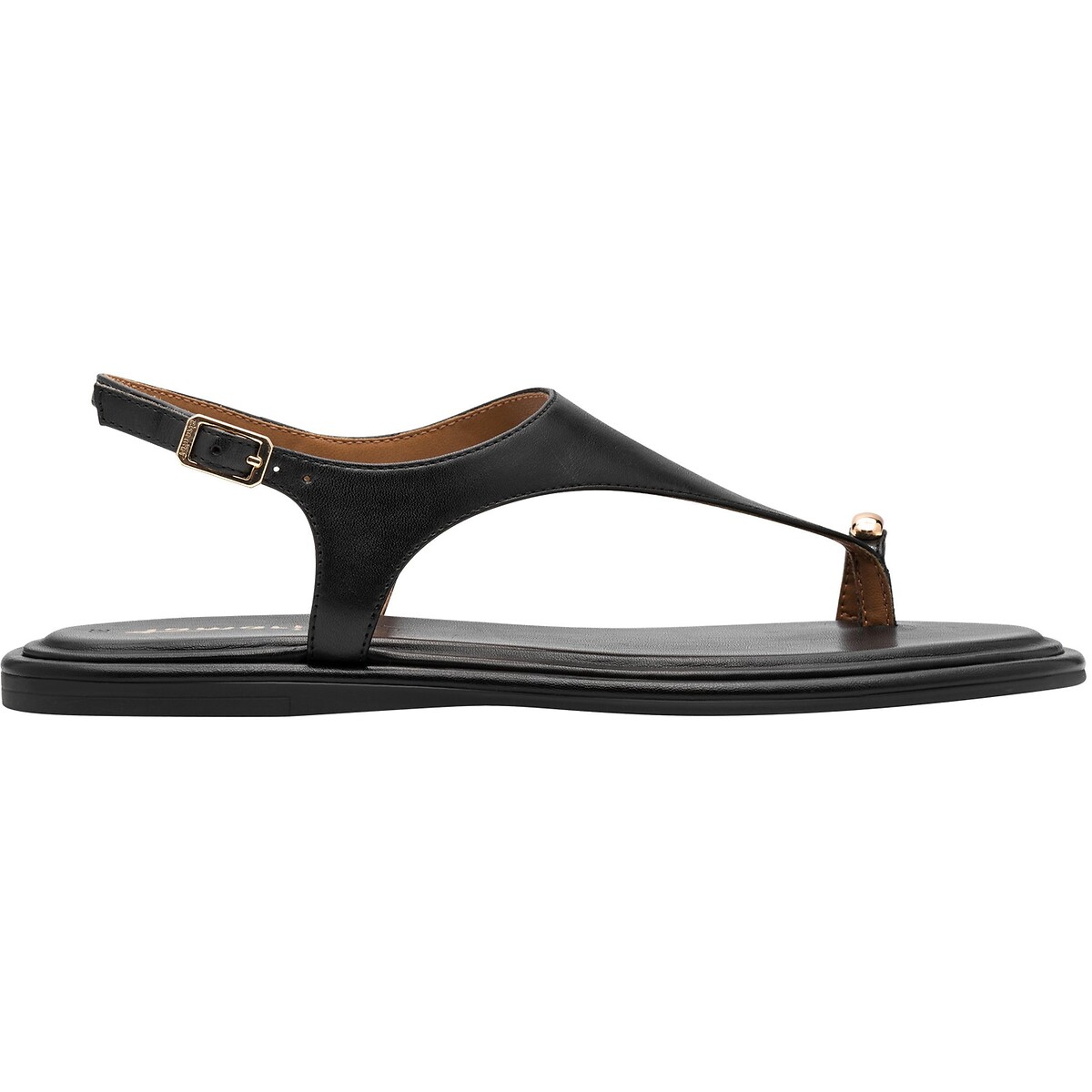 Sandales plates en cuir, passe-pouce bijou noir, TAMARIS
