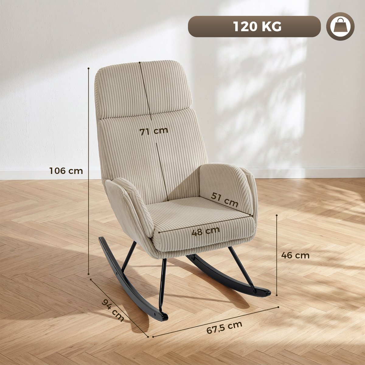 Fauteuil à bascule Velours côtelé (100% beige, HOMCOM