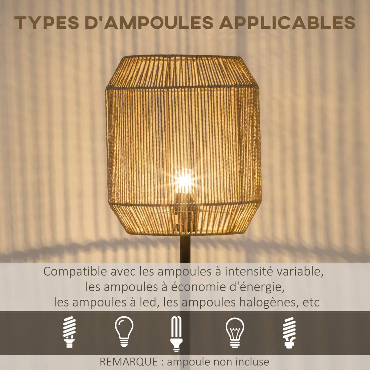 Lampadaire Ficelle de papier Bois naturel noir, HOMCOM