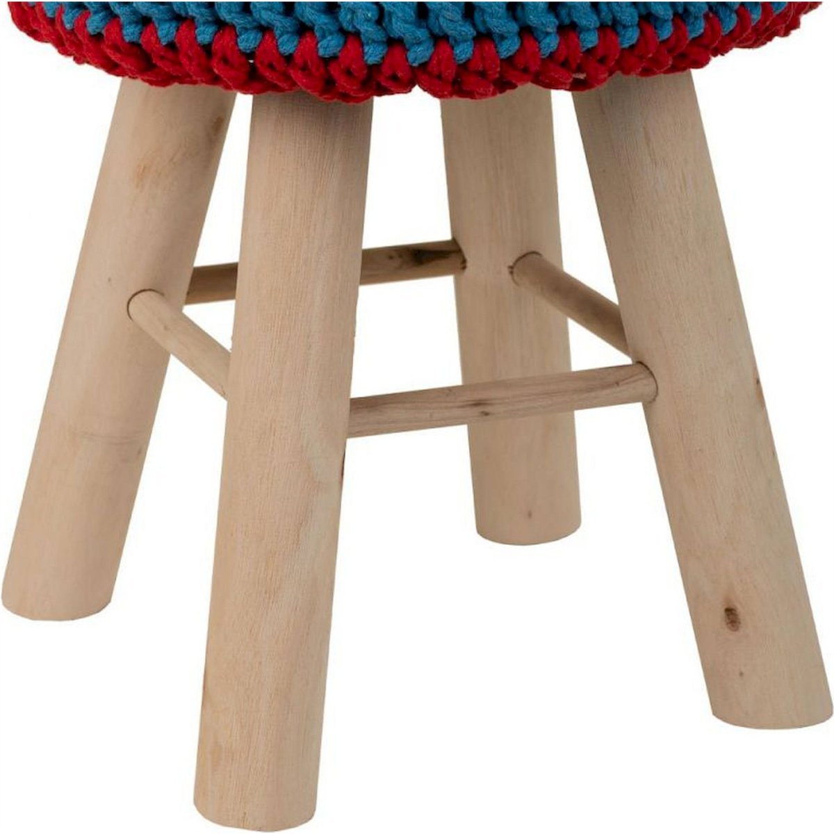 Tabouret rond en bois, Assise en coton bleu tressé et bois naturel clair, RECOLLECTION