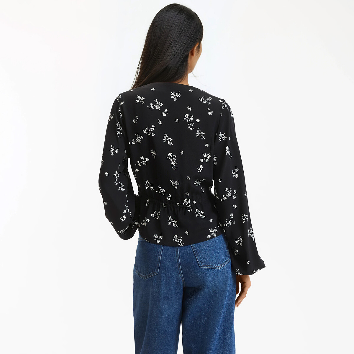 Blouse col V, imprimé floral, manches longues imprimé fond noir, LA REDOUTE COLLECTIONS