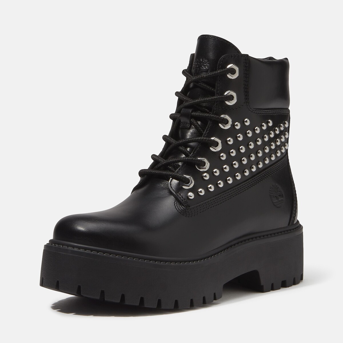 Stivaletti con zeppa e lacci, in pelle, con borchie, STONE STREET MID 6 INCH LACE nero , TIMBERLAND