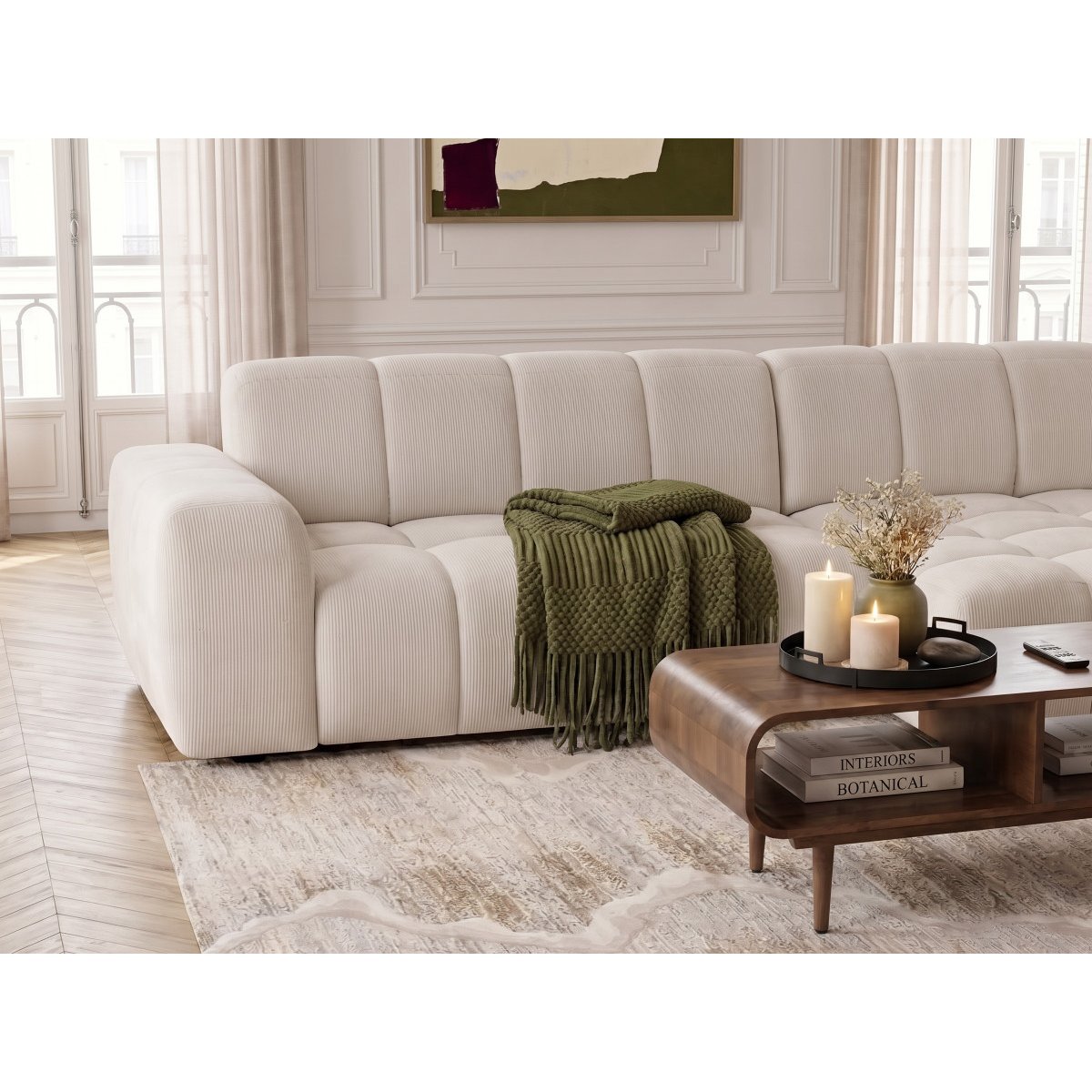 Canapé d'angle convertible 3 places en tissu chenille, THEO beige, BOBOCHIC