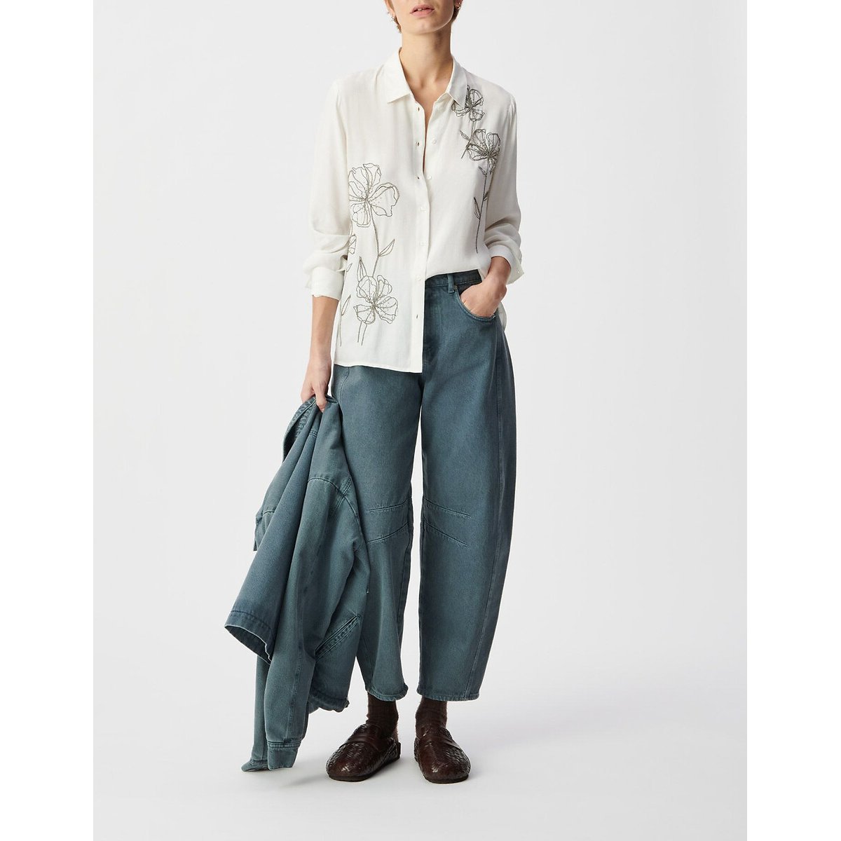 Chemise manches longues brodée blanc cassé, IKKS