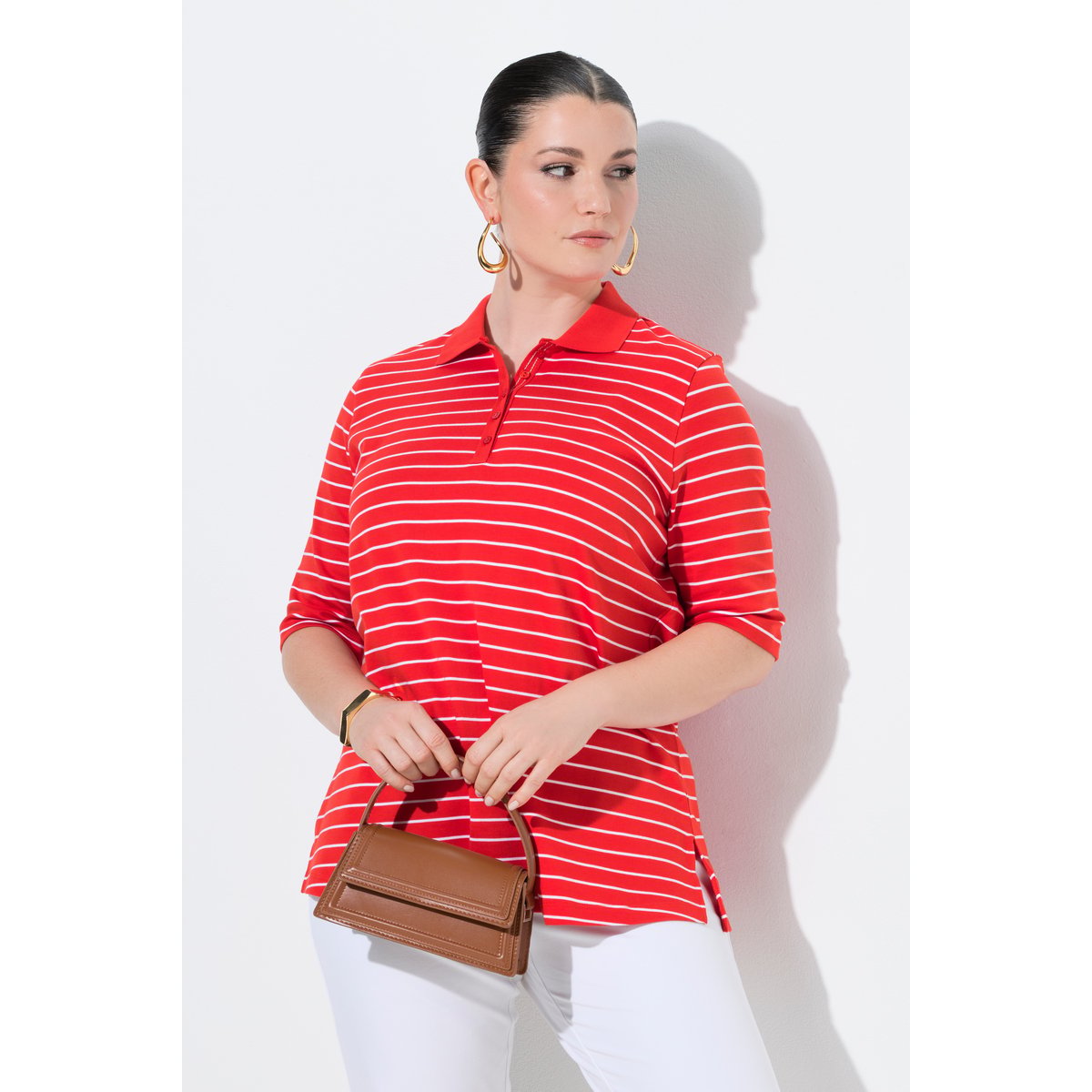Polo rayé en coton pima rouge poivron, ULLA POPKEN