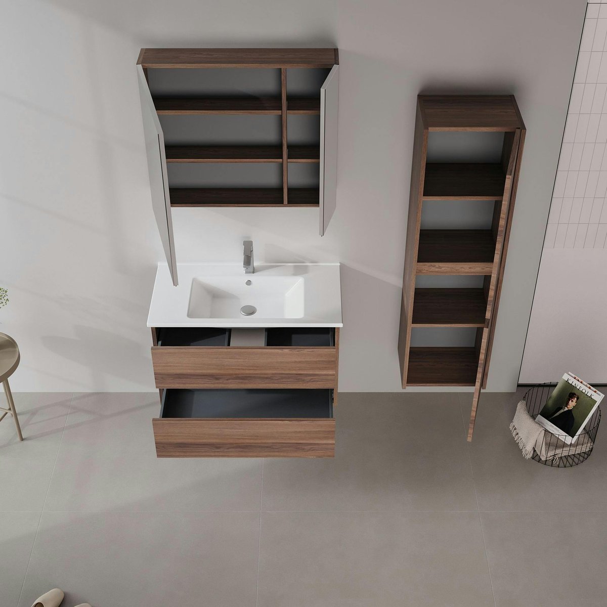 Meuble vasque suspendu 85 cm 2 tiroirs MOANA bois foncé, PIER IMPORT