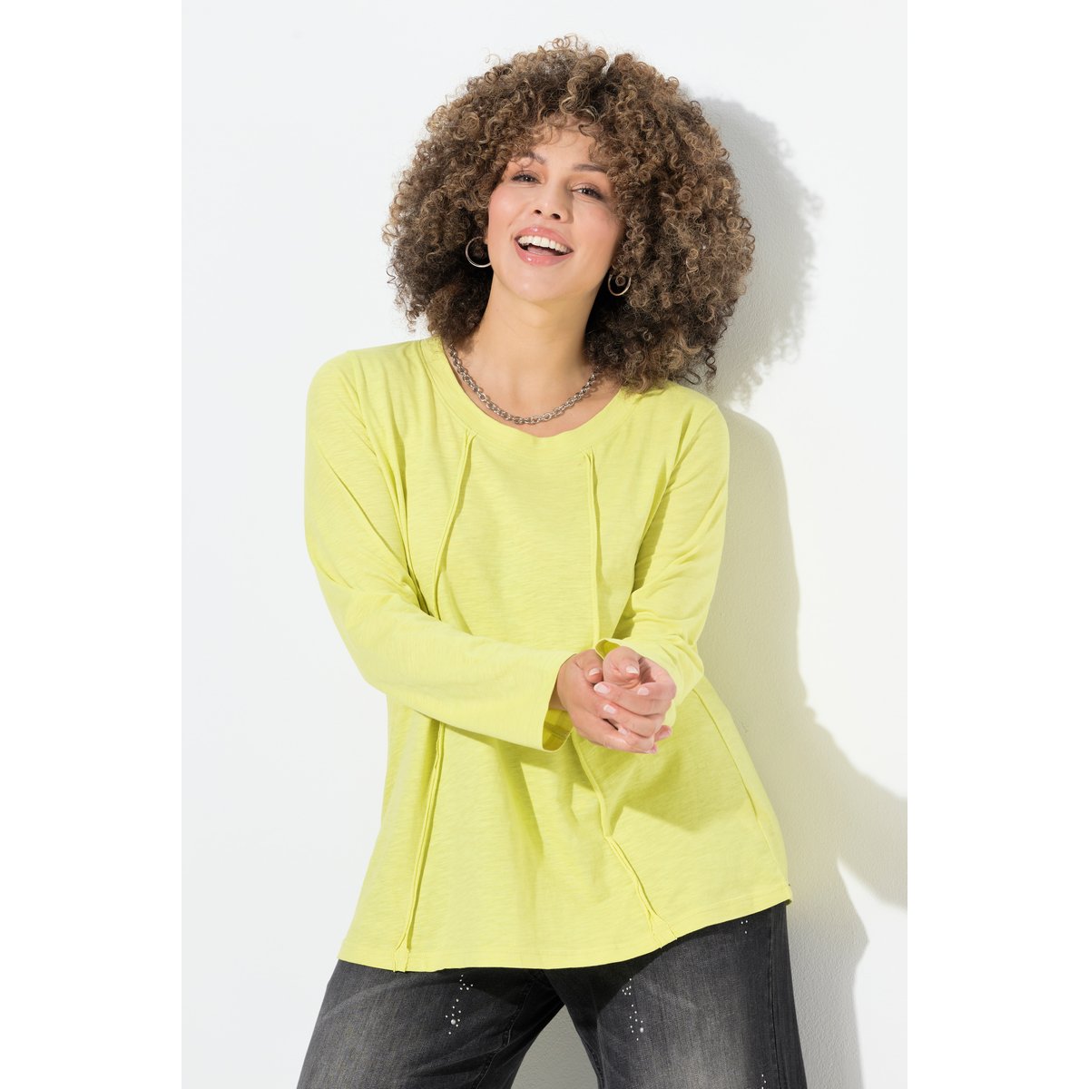 T-shirt à col rond et manches longues vert-jaune, ULLA POPKEN