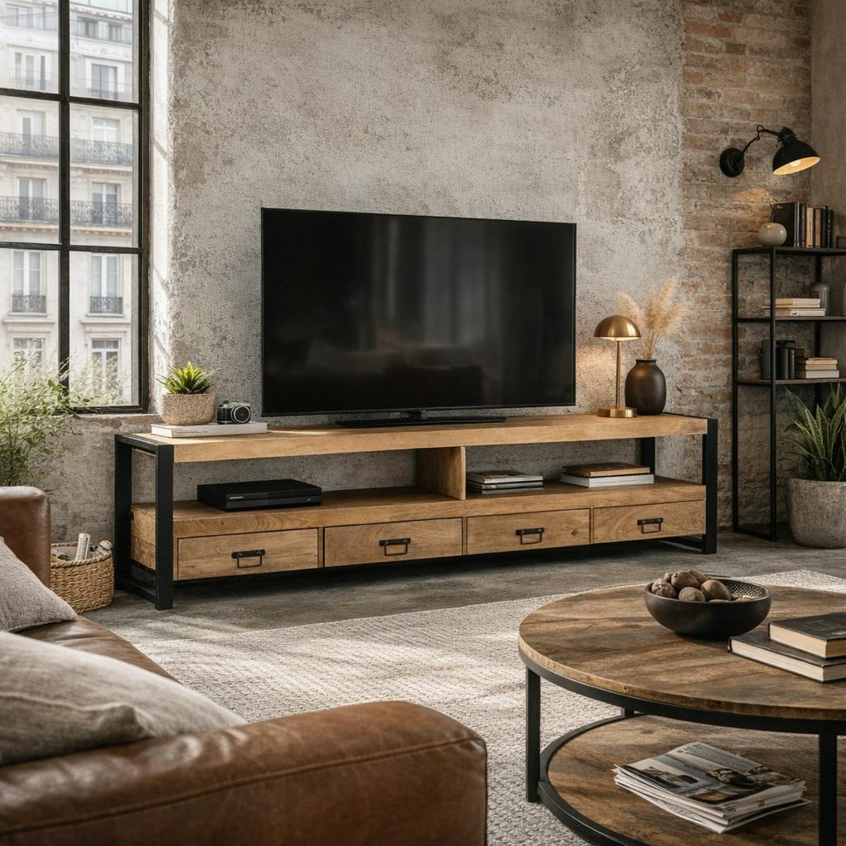 Meuble TV 220 cm 2 niches 4 tiroirs MILORA bois clair, PIER IMPORT