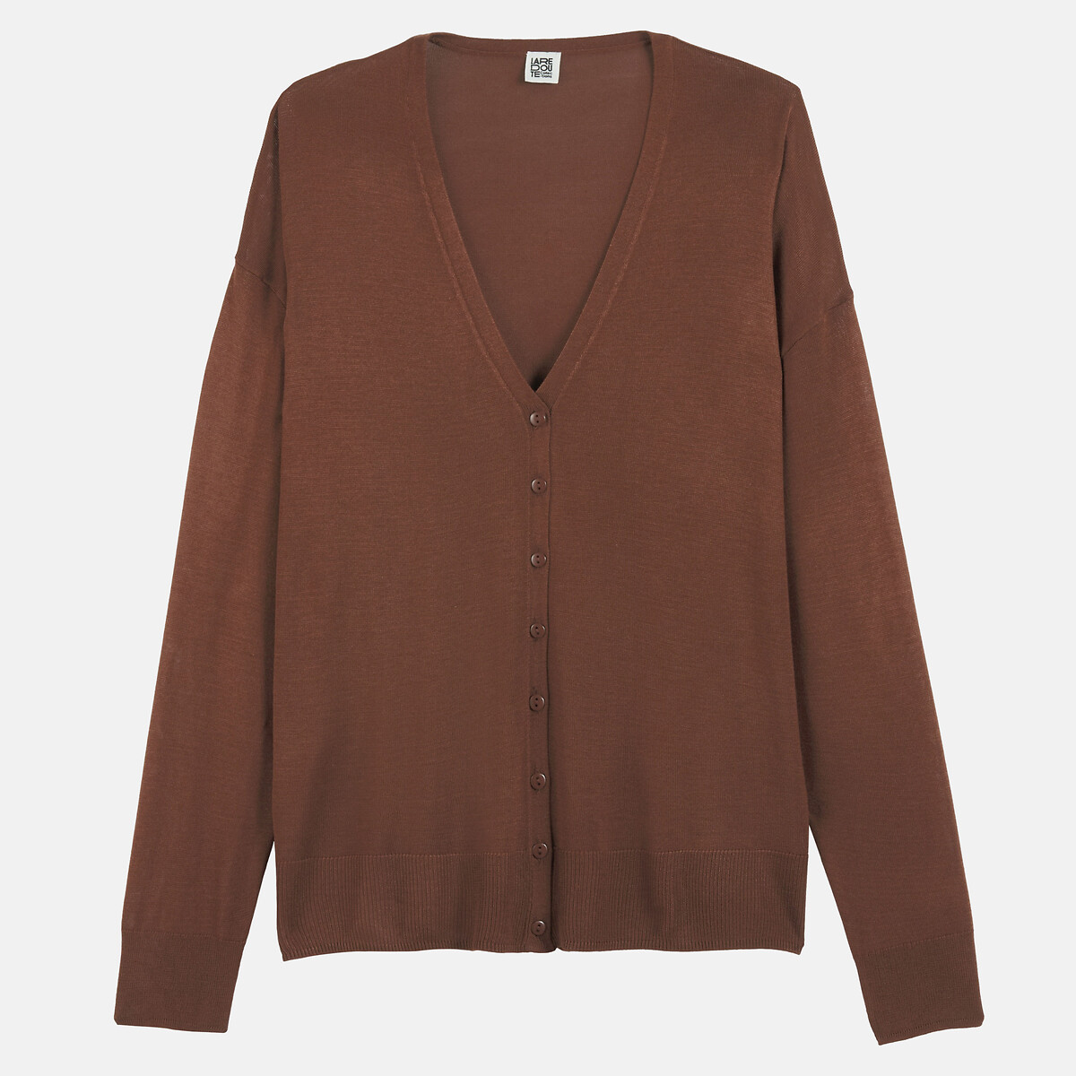 Chaqueta de punto fino con cuello de pico y cierre de botones marrón, LA REDOUTE COLLECTIONS