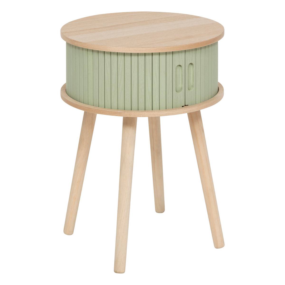Table de chevet ronde avec rangement en pin NYSOS vert olive, ATMOSPHERA