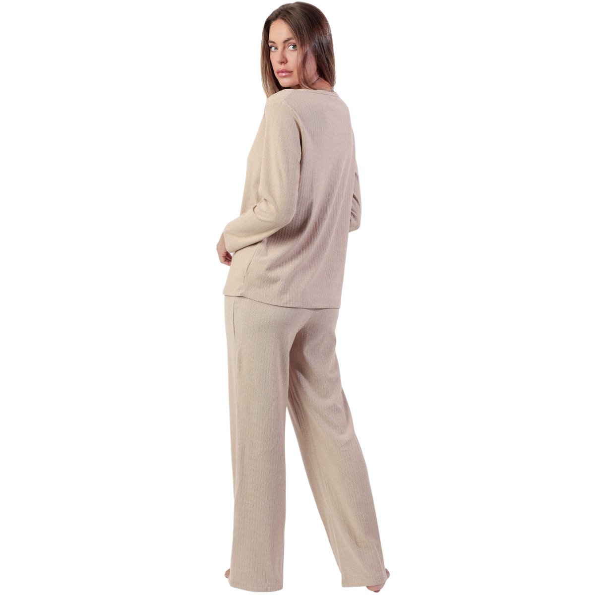 Pyjama pantalon top manches longues Supersoft marron, ADMAS