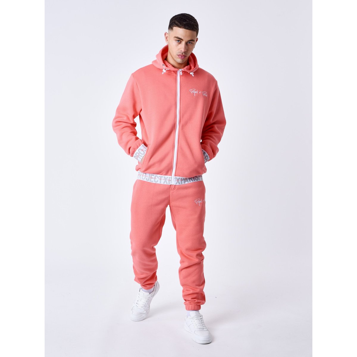 Sweat à Capuche zippé Bande élastique logotée rose corail, PROJECT X