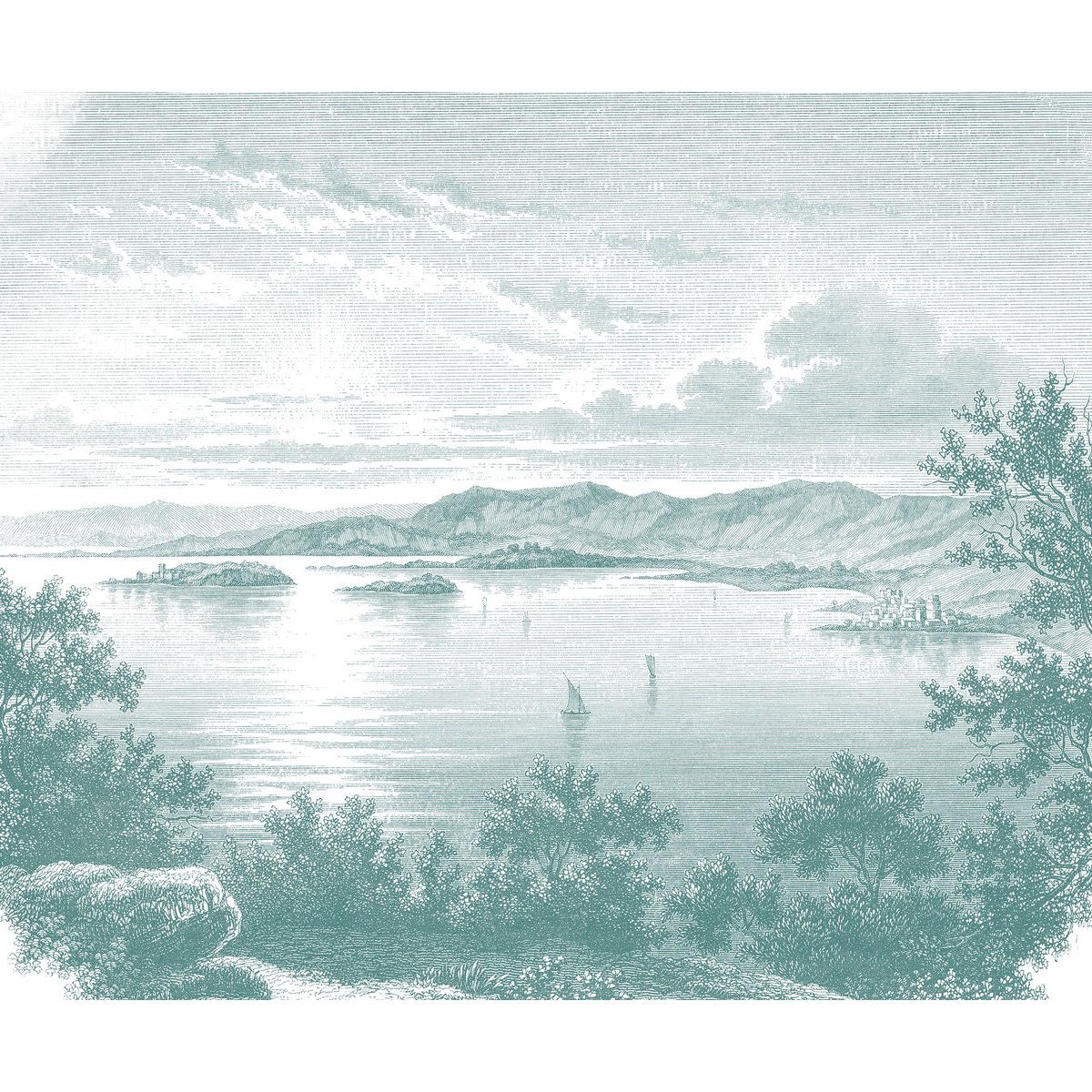 Papier peint panoramique Trasinemo - Lac, voiliers et village gris, LE PAPIERS DE NINON