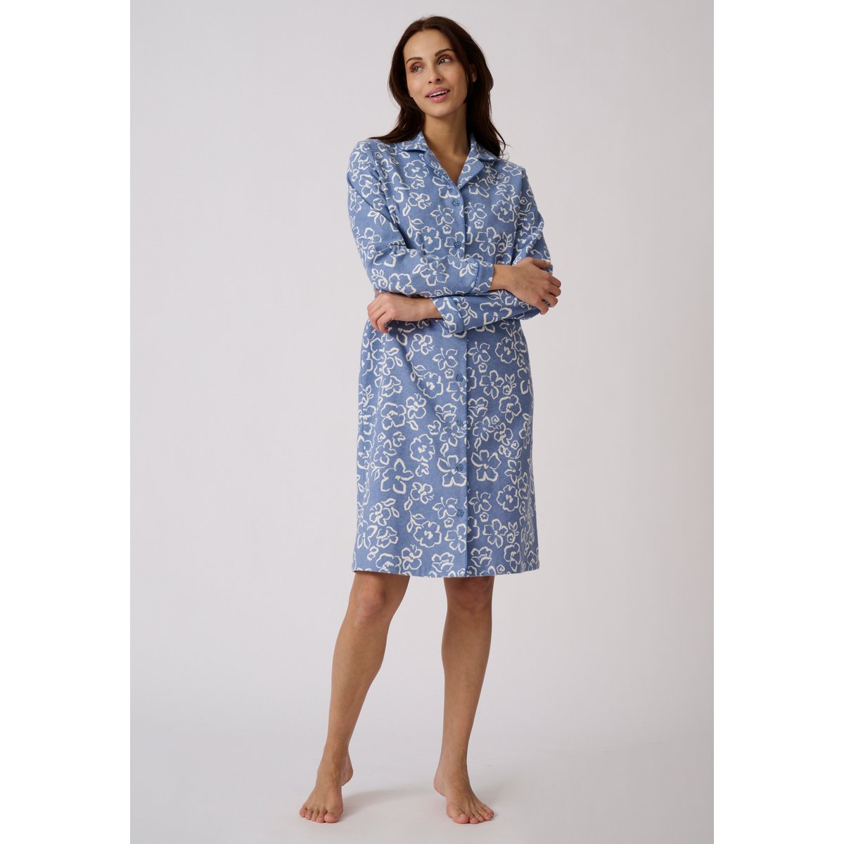 Liquette flanelle en coton manches longues bleu fleuri, DAMART