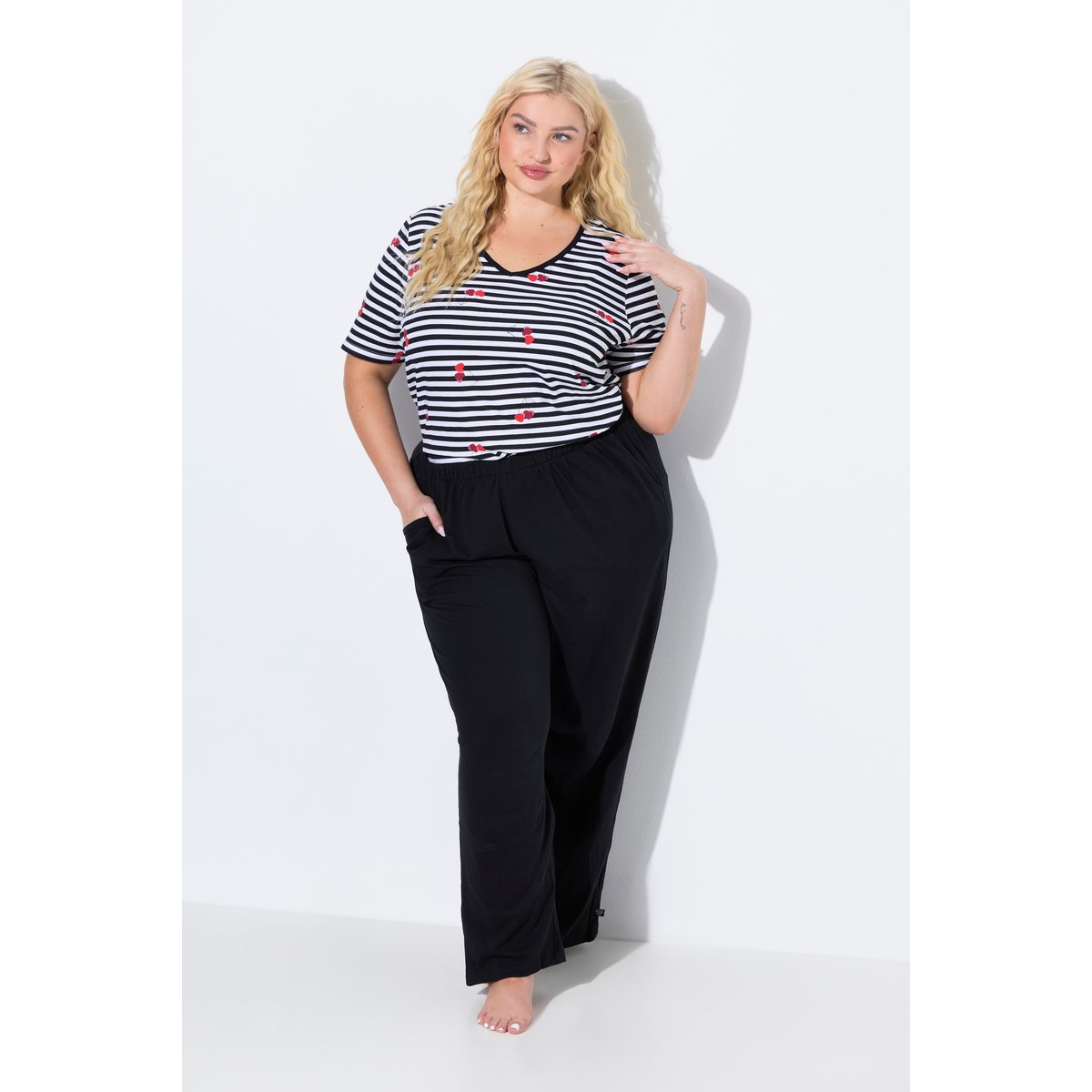 Pantalon de pyjama uni/cœurs, jambe longue noir, ULLA POPKEN