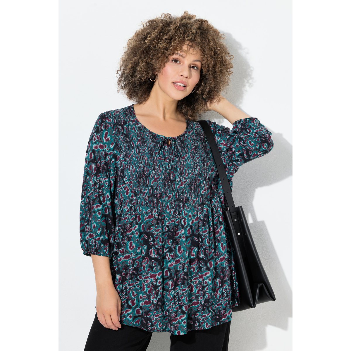 Blouse smockée motif léopard, coupe évasée vert pétrole, ULLA POPKEN