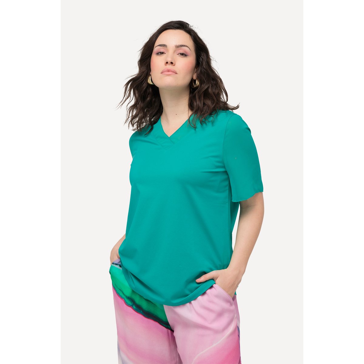 T-shirt manches courtes. Mousseline bleu turquoise, ULLA POPKEN