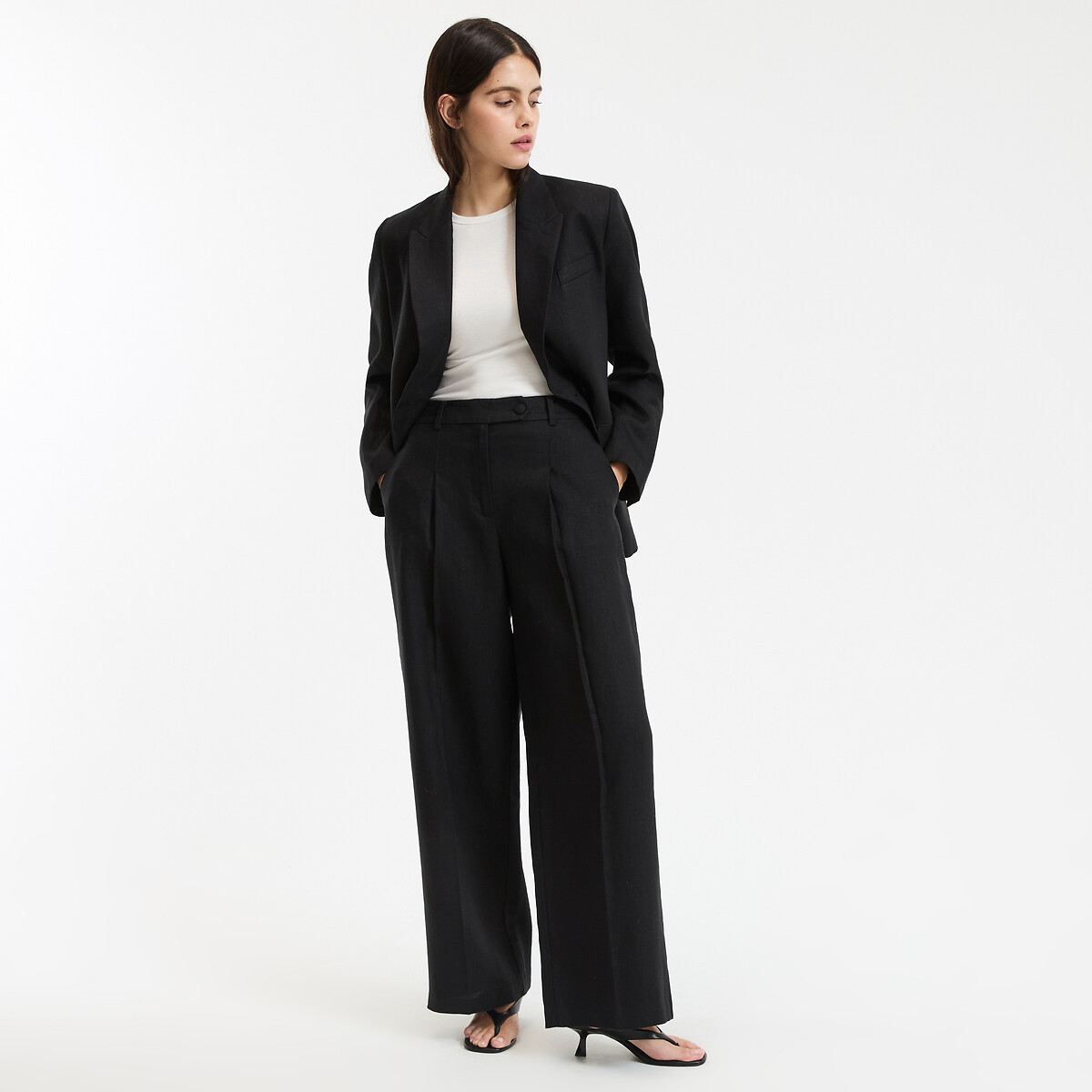 Pantalon large à pinces en lin noir, LA REDOUTE COLLECTIONS