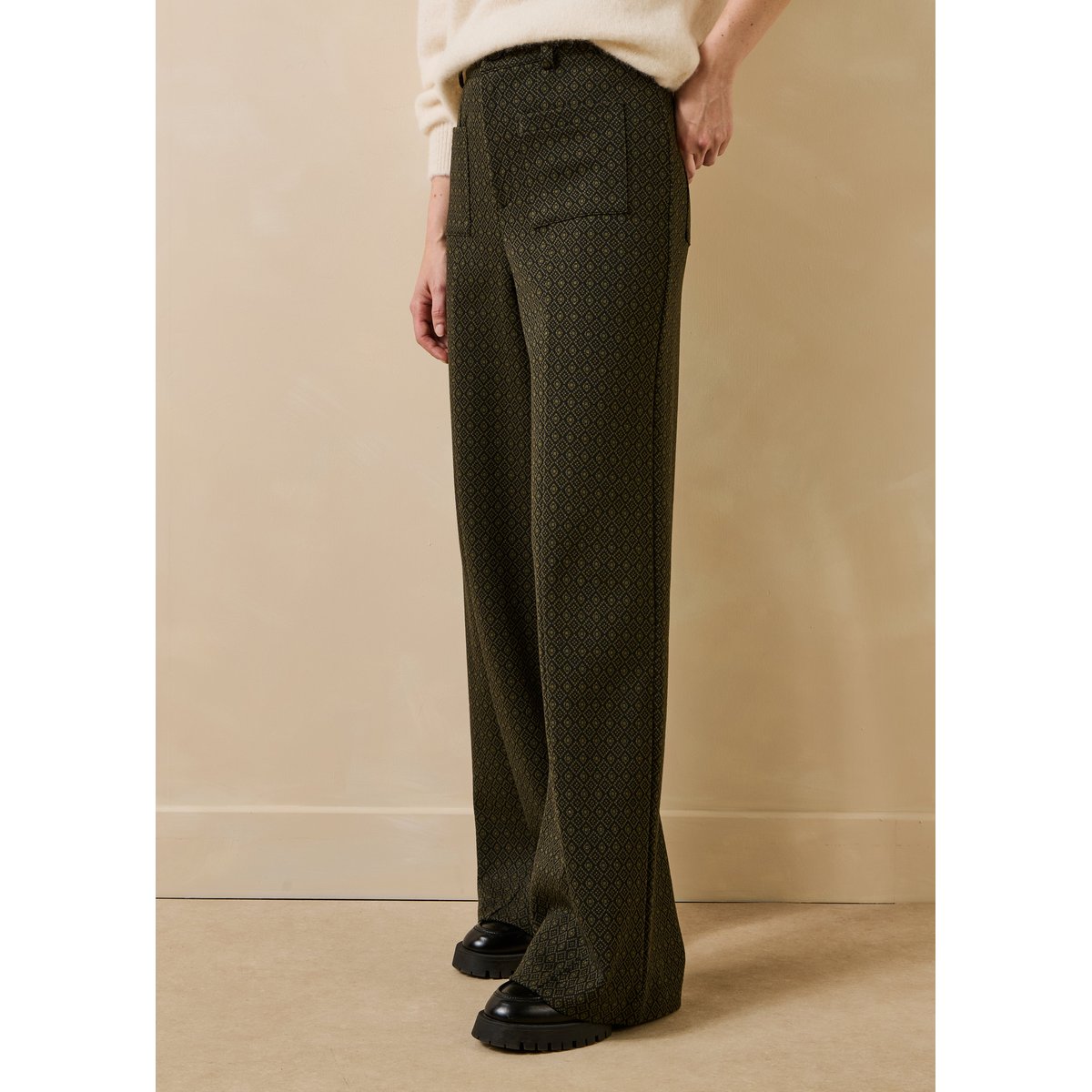 Pantalon large en milano jacquard kaki, LA FEE MARABOUTEE