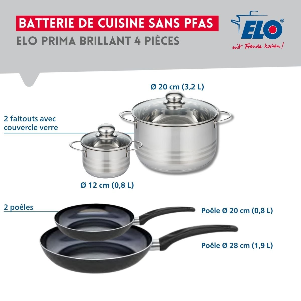 Batterie 2 poêles 20/28cm + 2 faitouts 12/20cm PRIMA BRILLANT noir, ELO