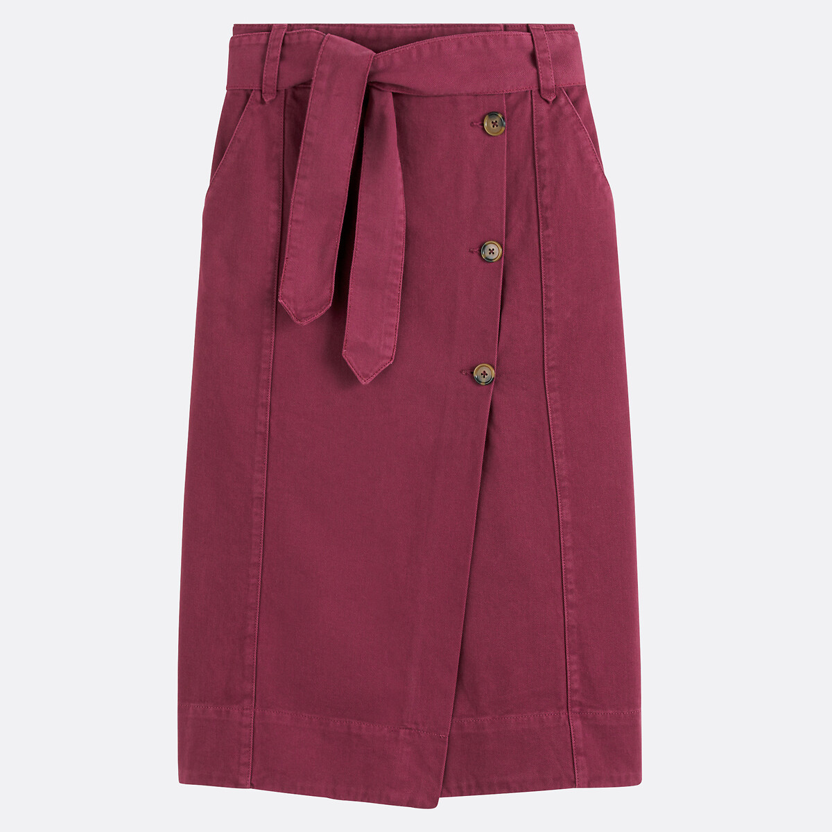 Wrapover Midi Skirt in Cotton Twill burgundy red, LA REDOUTE COLLECTIONS