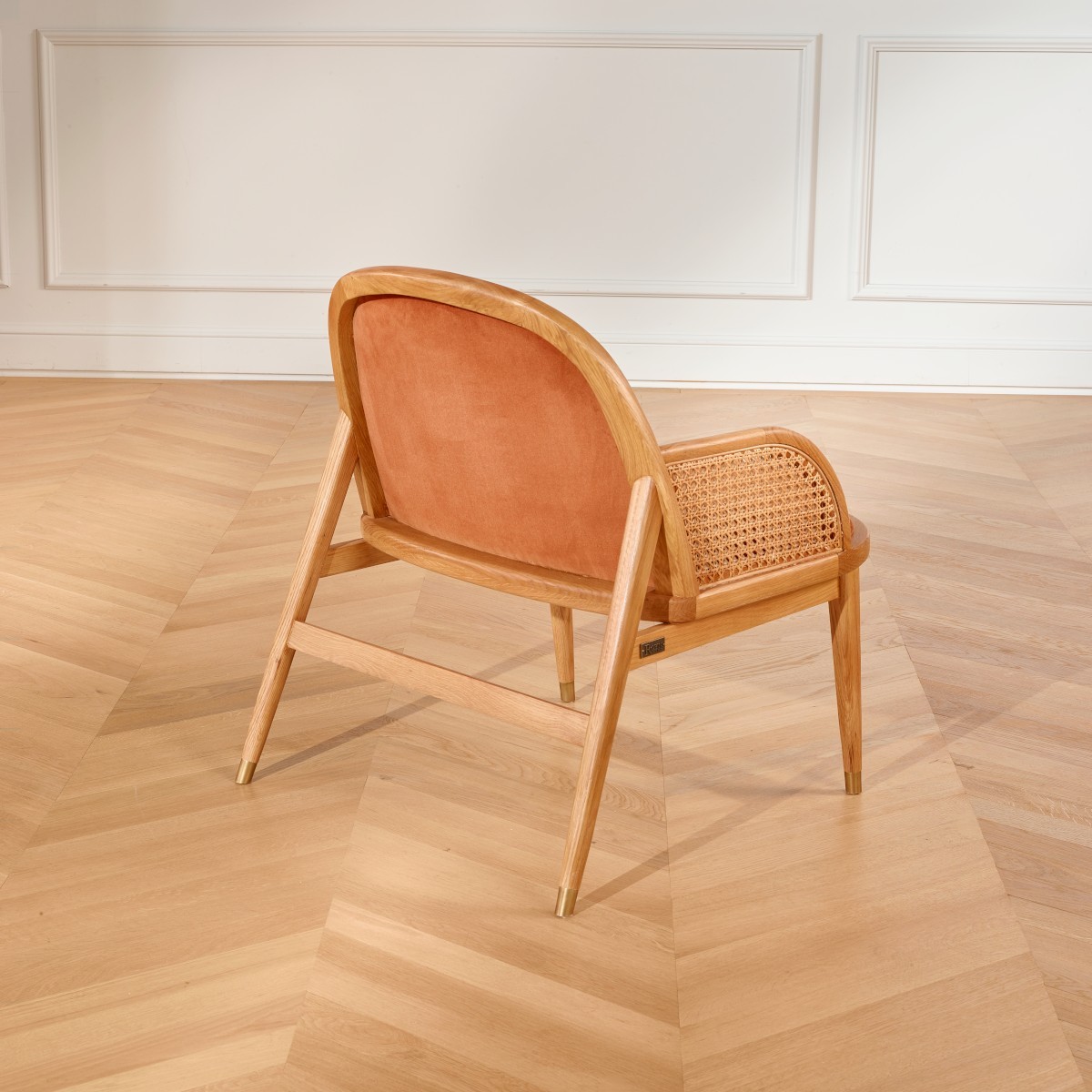 Fauteuil en chêne, cannage et velours MARCEL caramel, ROBIN DES BOIS