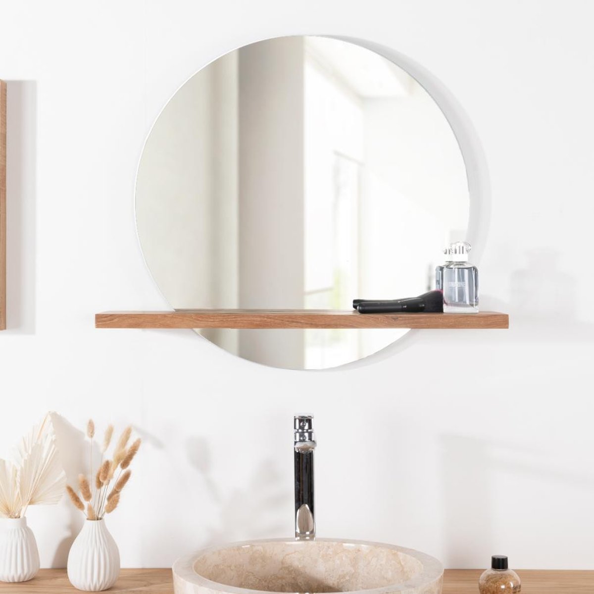 Miroir de en teck massif rond BOLOGNE naturel, WANDA COLLECTION