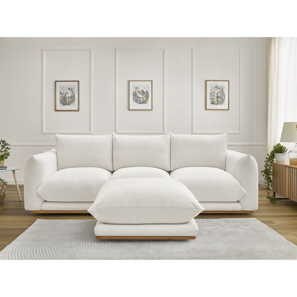 Canapé droit fixe 3 places en tissu bouclette avec pouf, ERNEST blanc, BOBOCHIC