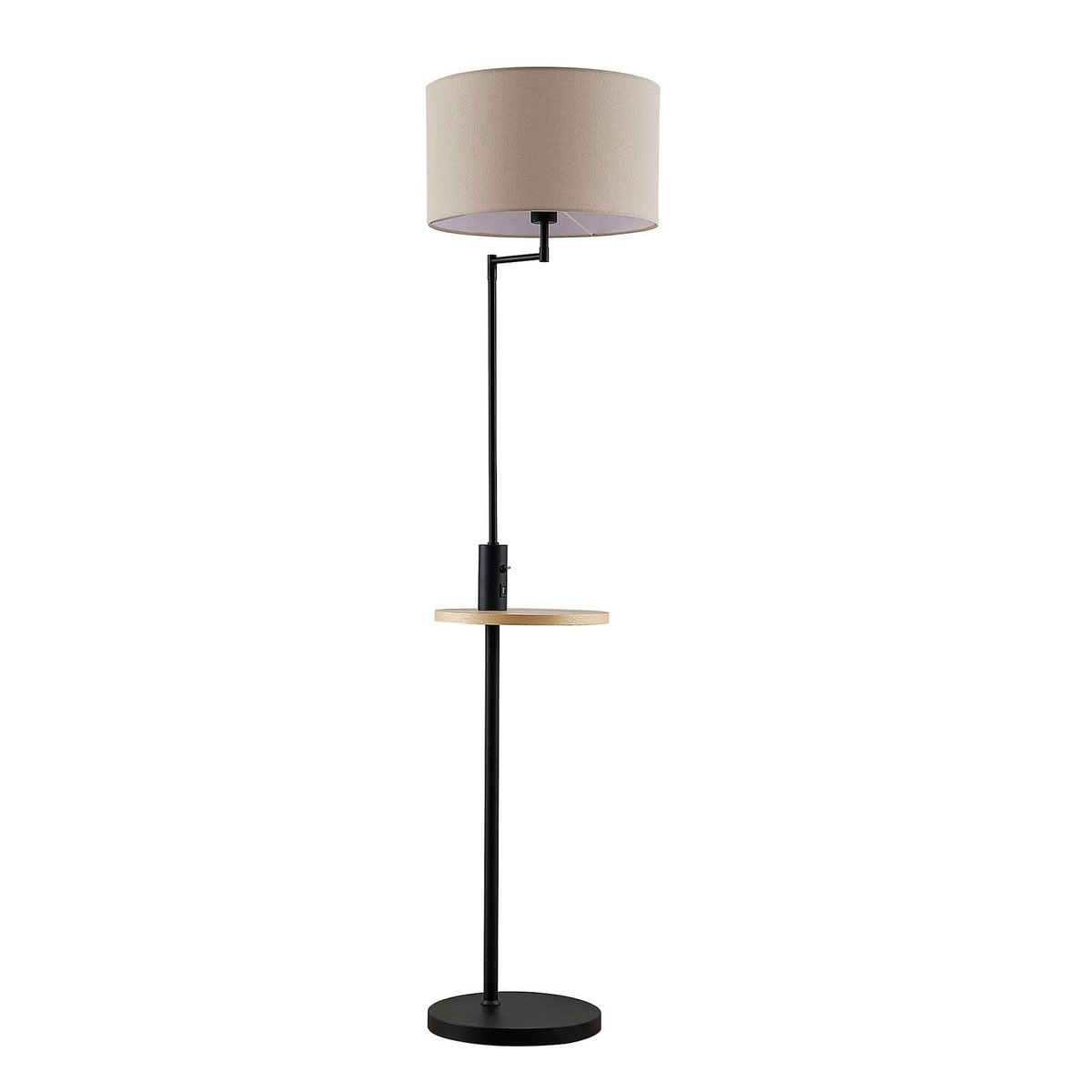 Lampadaire en métal moderne, Zinia noir mat, beige, bois clair, LINDBY