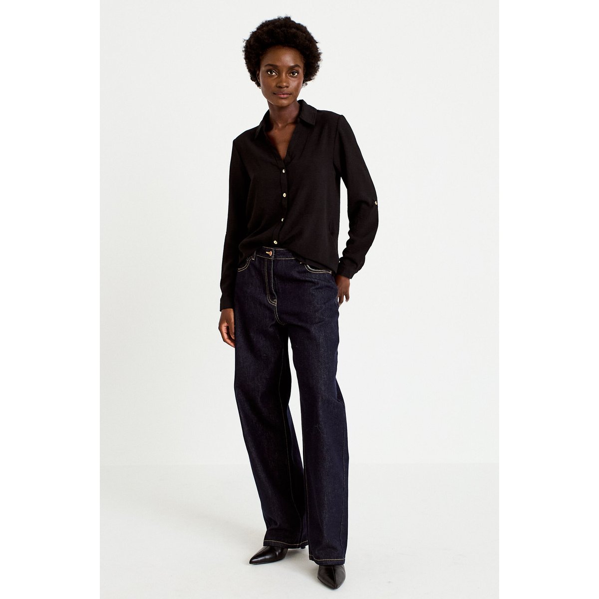 Chemise droite plissée manches longues noir, CACHE CACHE