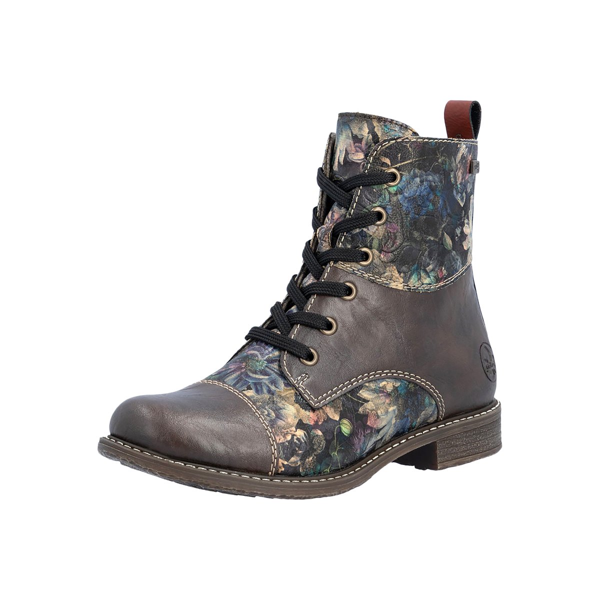 Bottines marron à talon plat ornées d'un empiècement à motif floral marron, RIEKER