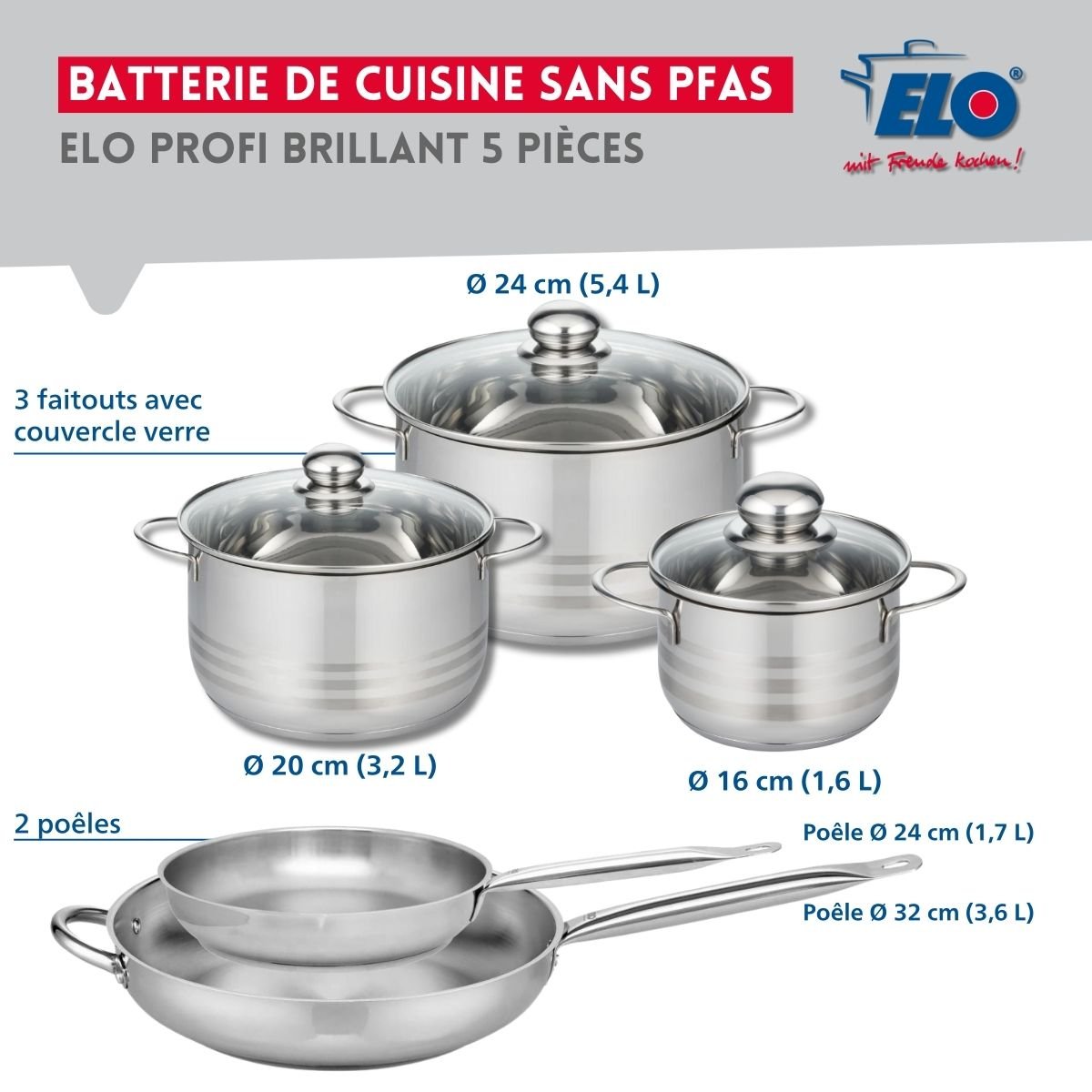 Batterie 2 poêles 24/32cm + 3 faitouts 16/20/24cm PROFI BRILLANT gris, ELO