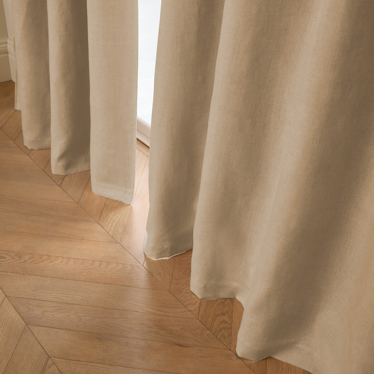 Cortina opaca de lino lavado, presillas de cuero, Private beige tabaco, AM.PM