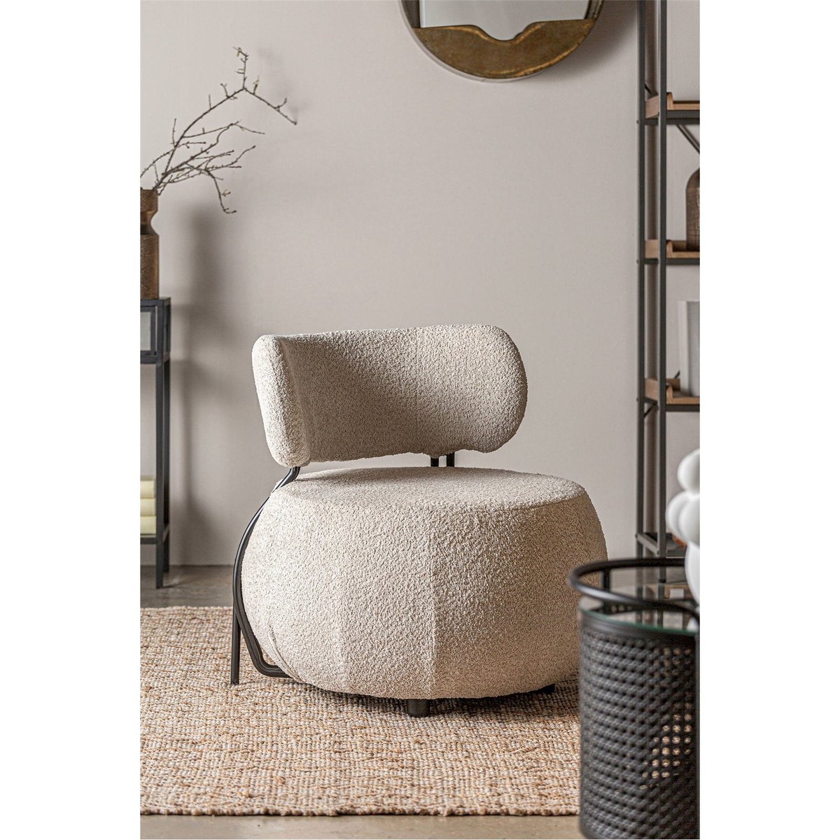 Fauteuil en tissu bouclette style art déco blanc bouclé et noir profond, RECOLLECTION
