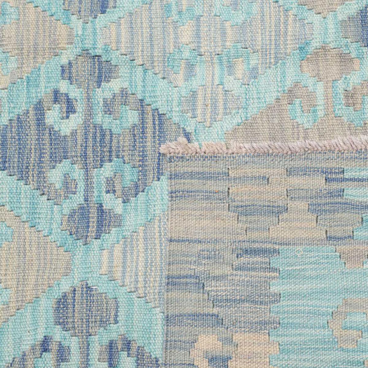 Tapis kilim géométrique, tissé plat en laine naturelle, KILIM 79 bleu, beige, gris, UN AMOUR DE TAPIS