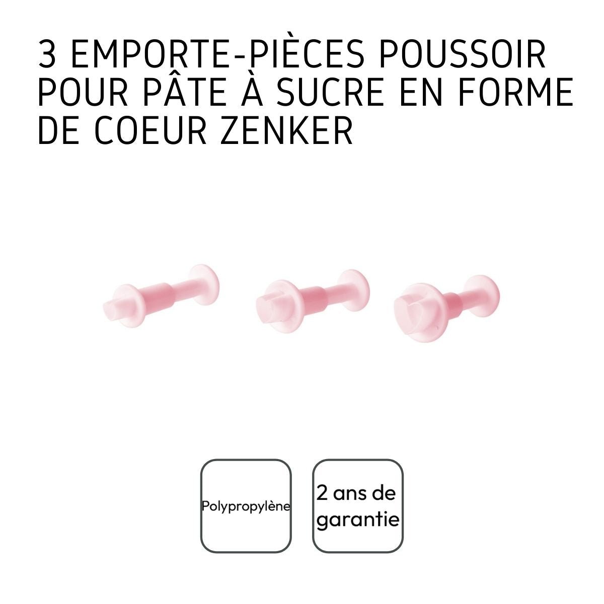 Lot de 3 emporte-pièces cœur à poussoir pour pâte à sucre rose, ZENKER