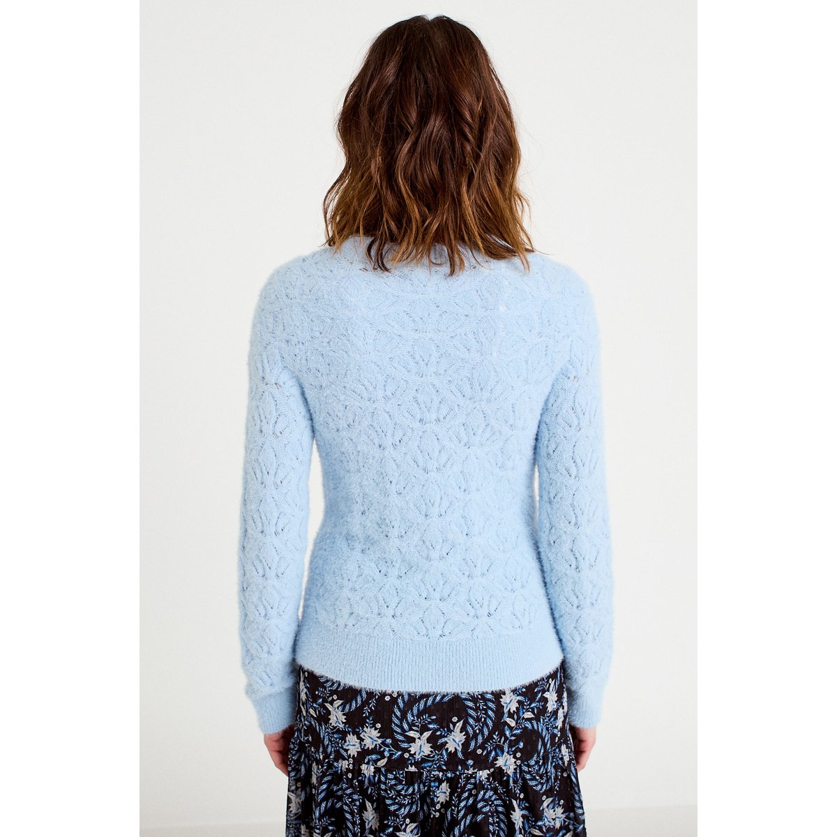 Pull ajouré col rond manches longues bleu clair, CACHE CACHE