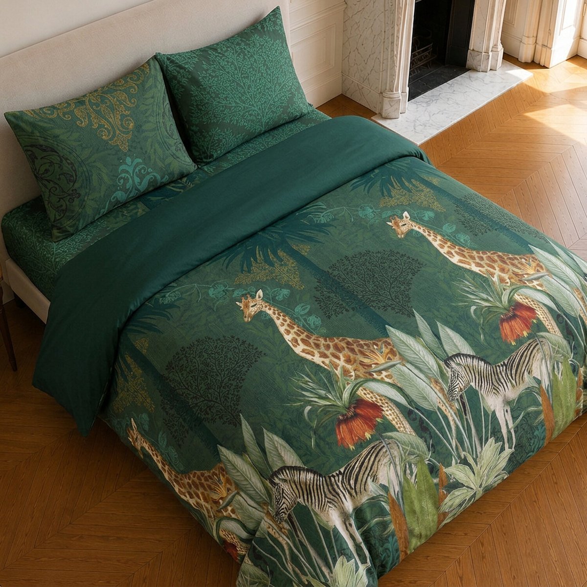 Parure de lit en coton motif tropical, ZAMBI vert, C DESIGN HOME TEXTILE