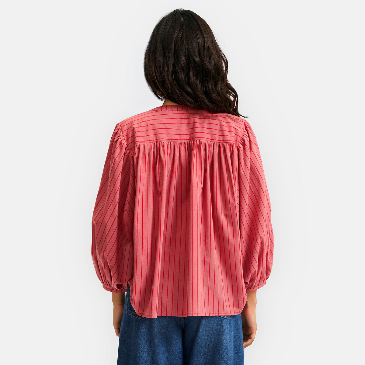 Blusa oversize con colletto alla coreana a righe in cotone, Signatures BERTHE rigato rosa/rosso, LA REDOUTE COLLECTIONS