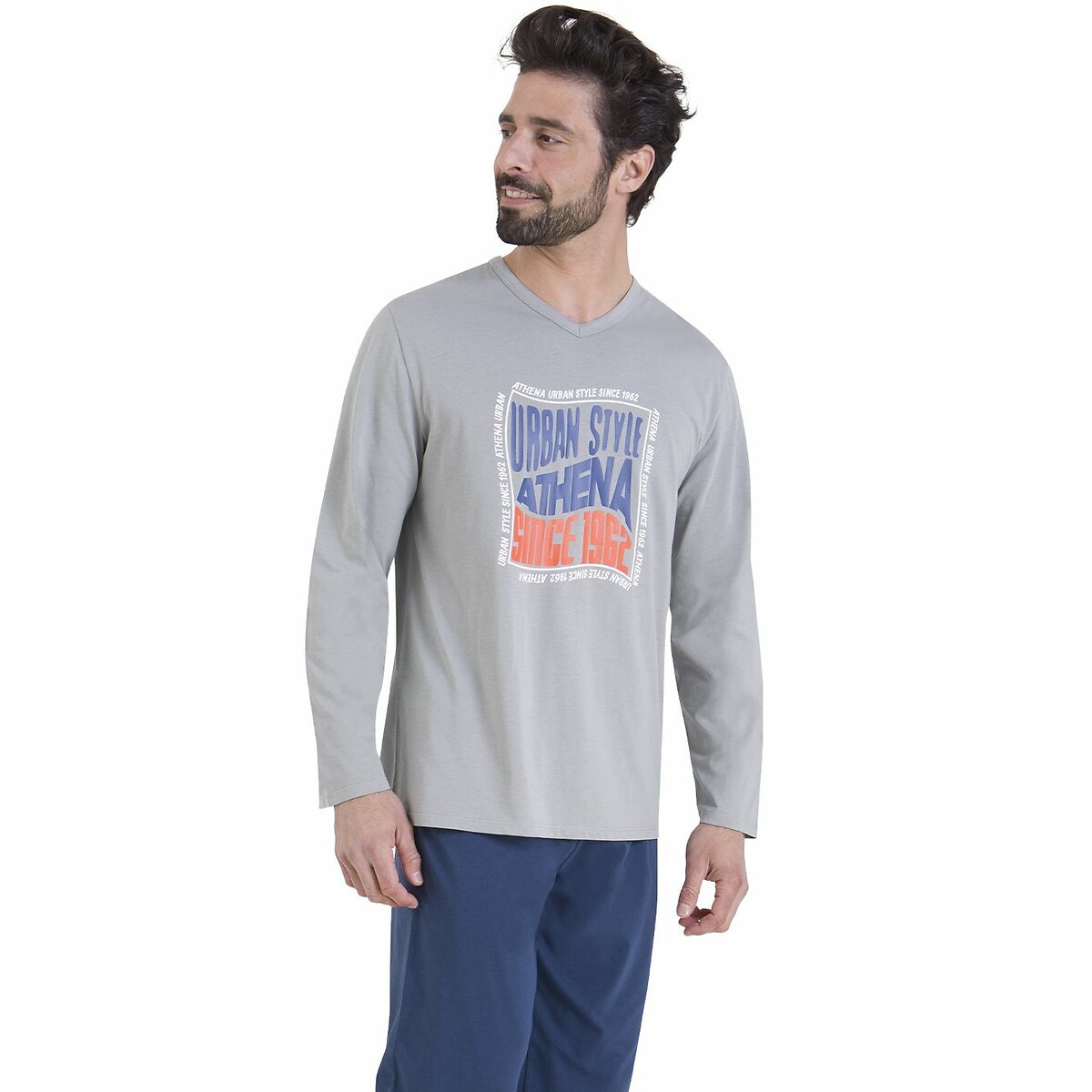 Pyjama long avec imprimé gris + bleu marine, ATHENA