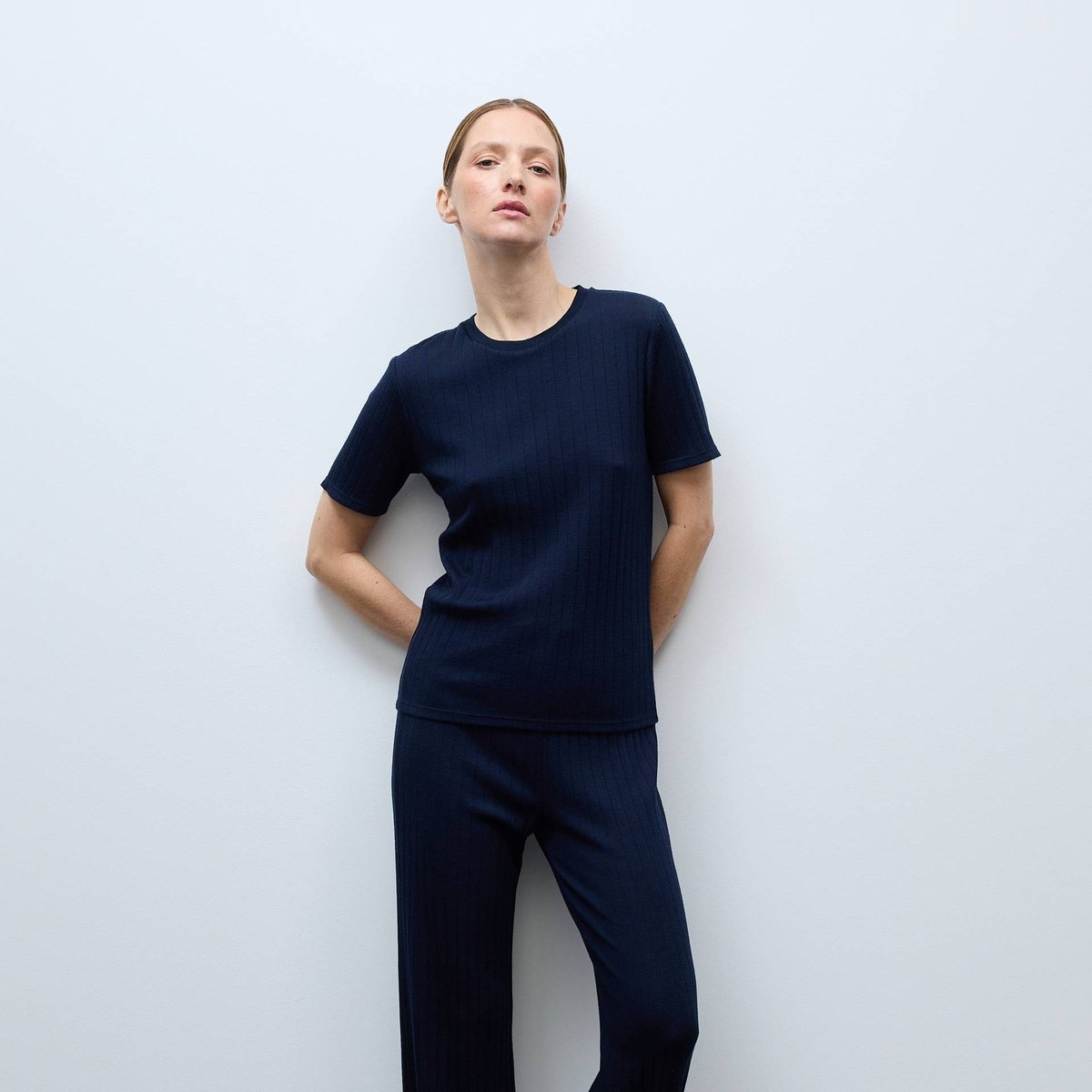 Pantalon uni en laine et soie marine, MONOPRIX