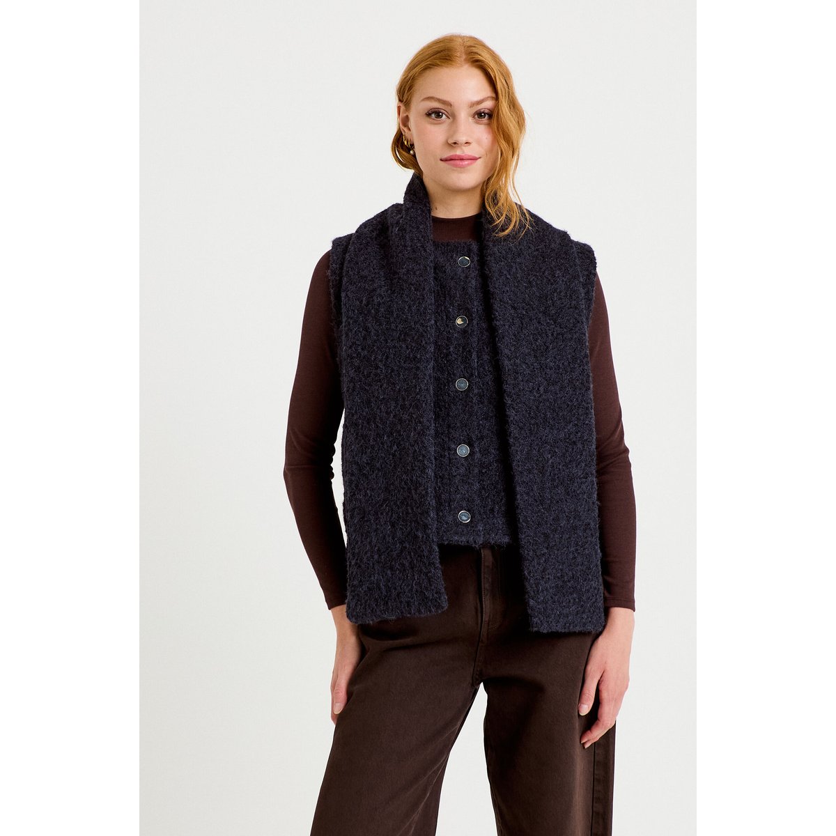 Veste droite sans manches col américain bleu marine, CACHE CACHE