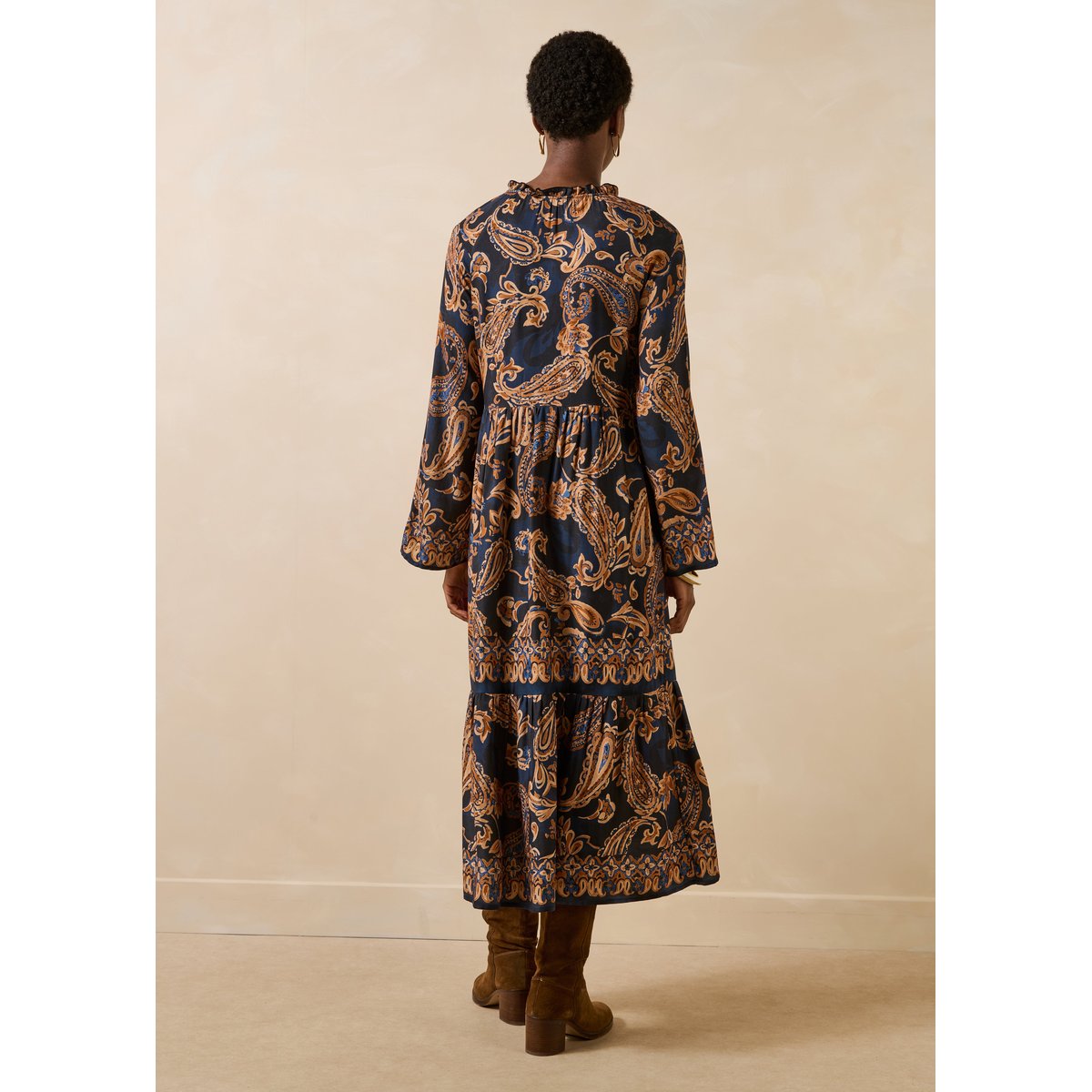 Robe longue ample imprimée manches longues bleu encre, LA FEE MARABOUTEE